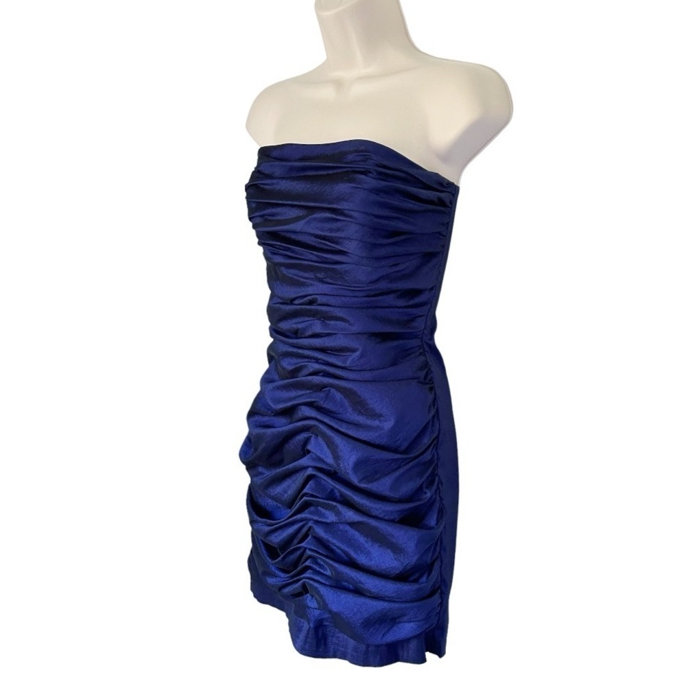 Jessica McClintock Vintage Blue Satin Sleeveless Ruched Mini Dress Size 6P